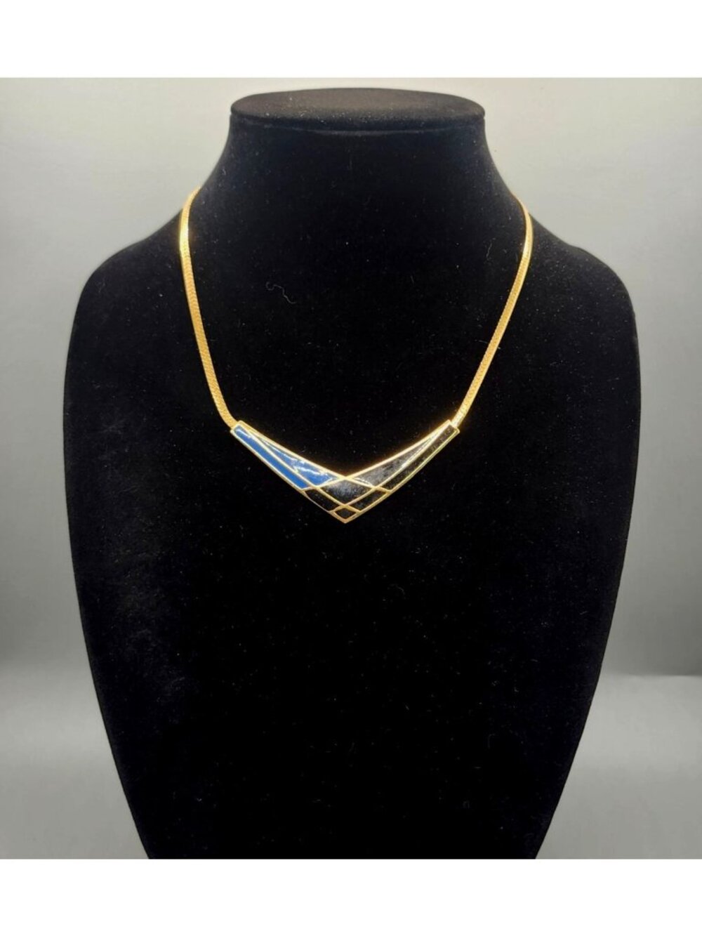 Geometric Gold-Tone Necklace With Blue & Black Enamel Design By Avon Lobster Cla